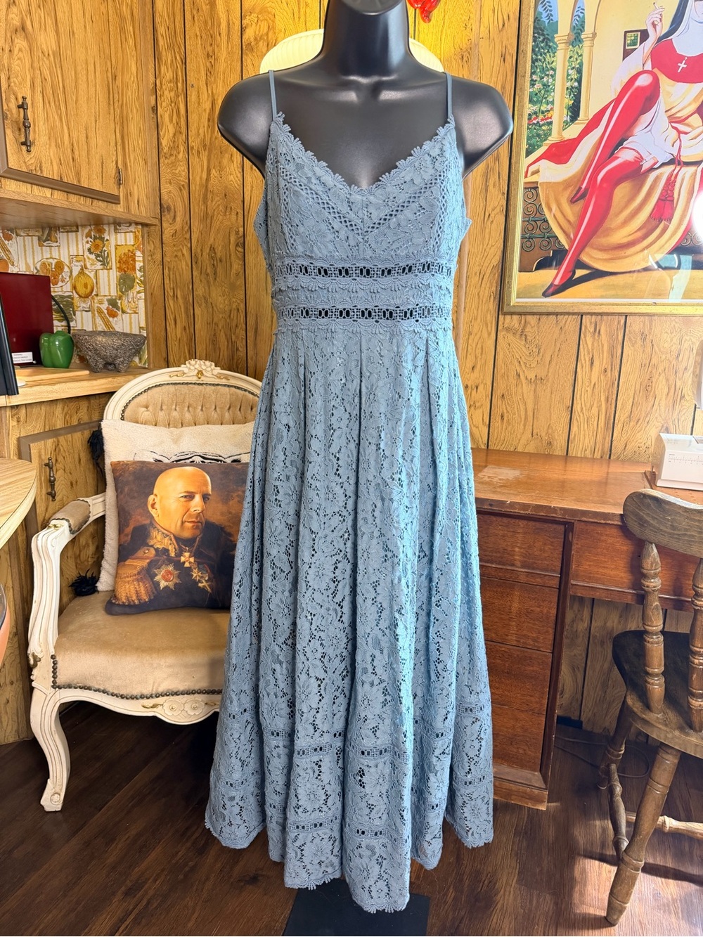 NSR Dusty Blue Lace Spaghetti-Strap Maxi Dress
